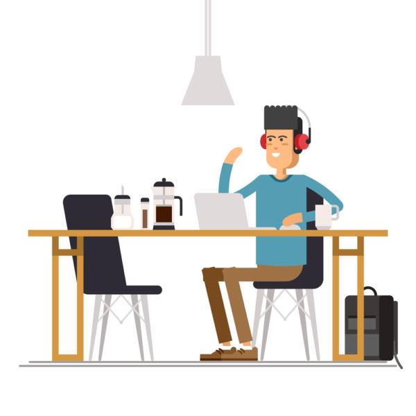 Vector flat illustration of young man sitting at the coffee house with laptop. Young male character freelance sitting in a coffee shop and working on laptop.